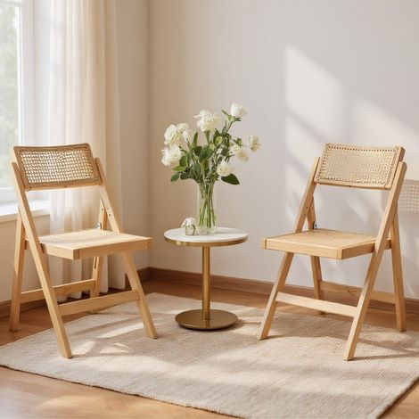Wahson Lot de 2 chaises pliantes en bois et rotin – Hauteur d'assise 46,5 cm – Design vintage pour salle à manger, salon, balcon, Noyer