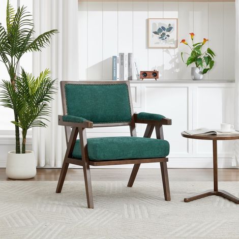 Lounge-Sessel – 66,5 x 66 x 88 cm – Mid-Century-Stil – Holzgestell – Leinen, grün