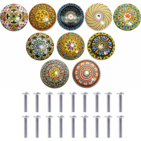 Lot de 10 Boutons en Céramique Bohème - Poignées de Tiroir Vintage 39mm avec Motif Floral - Pour Meubles de Cuisine, Armoires et Portes (1/5)