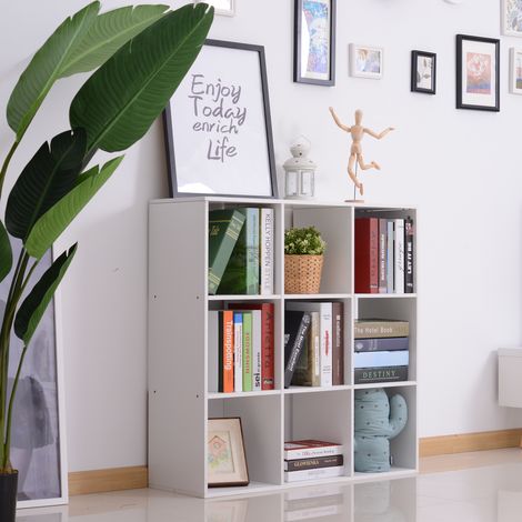 Bibliothèque Blanche pour Maison et Bureau, Étagère au Design Moderne avec 9 Compartiments en Bois, 91x29.5x91cm (1/5)