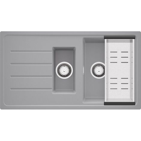 PRIMAGRAN Evier Cuisine en Granit 90x50cm,Lavabo 1,5 bacs + Kit de Vidage, Évier à Encastrer au Meuble 60cm - Copenhague Duo, Gris