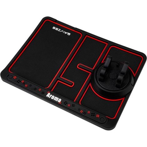Tapis de tableau de bord antidérapant 4 en 1, support de téléphone rotatif à 360°, cache-plaque d'immatriculation dissimulé, aromathérapie, phosphorescent, noir/rouge