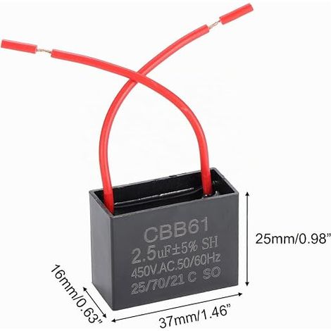 2pcs Ceiling Fan Capacitor 2.5uF 450V AC CBB61 Motor 50/60Hz Non-Polarity 2 Wire (1/4)