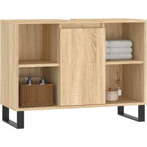 Meuble de Salle de Bain 80x33x60 cm avec Vasque Intégrée, Bois d'Ingénierie Couleur Chêne Sonoma, Meuble-Lavabo Moderne avec Rangements pour WC et Douche (1/5)