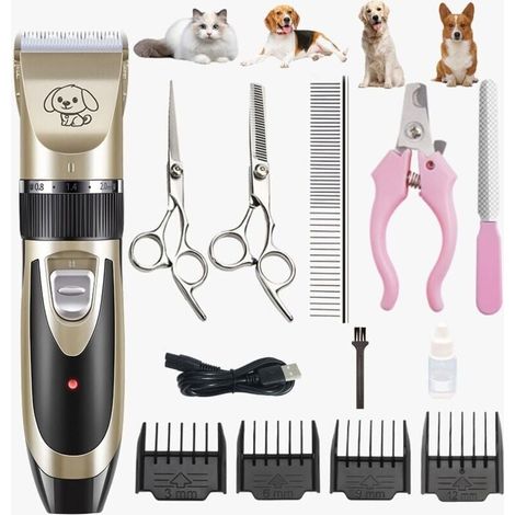 Wiederaufladbarer, professioneller Tierhaarschneider mit abnehmbaren und waschbaren Aufsätzen für Hunde und Katzen, gold und schwarz (1/4)