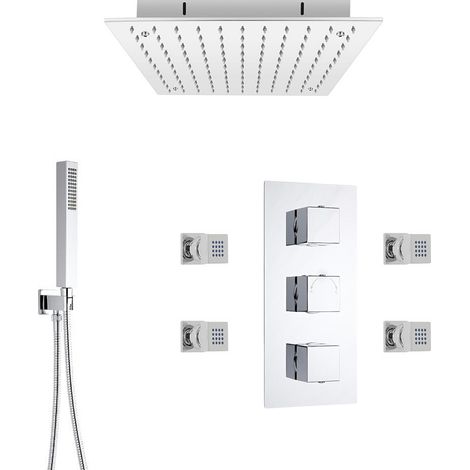 Milano Arvo 3 Outlet Triple Diverter Thermostatic Mixer Shower Valve with 400mm Ceiling Mounted Square Recessed Rainfall Shower Head Hand Shower Handset Kit and Body Jets – Chrome (1/5)