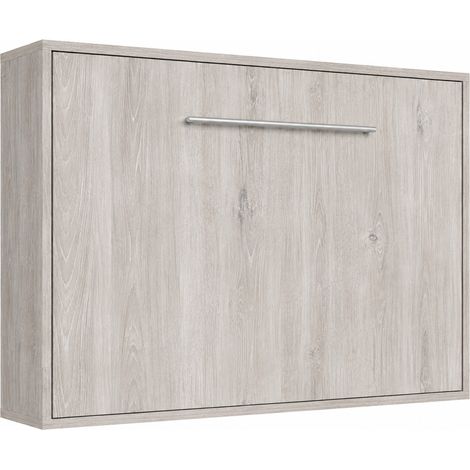 Lit escamotable horizontal avec étagères intérieures BIBLO - Poignée acier brossé 89cm Chêne gris Sans matelas-160x200-Cadre Chêne gris-Façade Chêne gris (1/5)