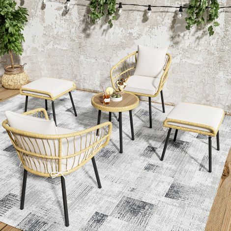 Garten Lounge Set 5-teilig aus Rattan, 2 Stühle 2 Hocker 1 Tisch, wetterbeständiges Terrassenmöbel Set für 2-4 Personen, Natur