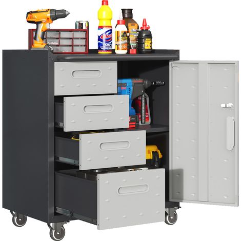 Armoire à outils en métal robuste avec roulettes – 75 x 42 x 88 cm, noir / gris, pour garage, bureau et foyer résistant aux taches