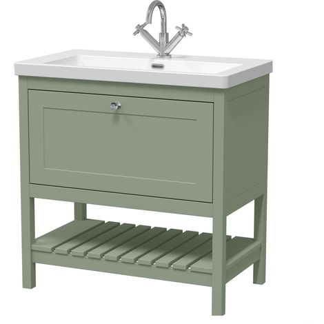 Coppenhall Contemporary 1 Drawer Floor Standing Vanity Unit with Fireclay Basin, Fern Green, 800mm