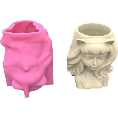 3D-Silikonform für einen Blumentopf in Form eines Mädchens mit Katzenohren, für Sukkulenten aus Beton und Harz.