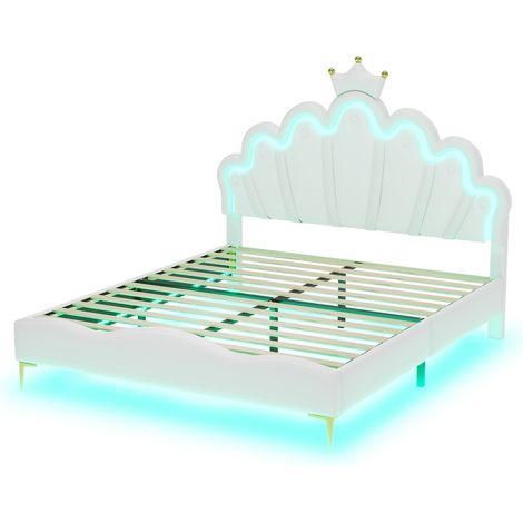 Cama doble 140 x 200 cm con LED, cabecero corona en PU blanco - HOMVRA (1/5)
