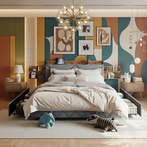 Bett 140x200 cm, Erwachsenenbett, gepolstertes Doppelbett mit Schubladen, 2 versteckte Staufächer im Kopfteil, USB-Ladefunktion, Leinen, Lattenrost, Grau