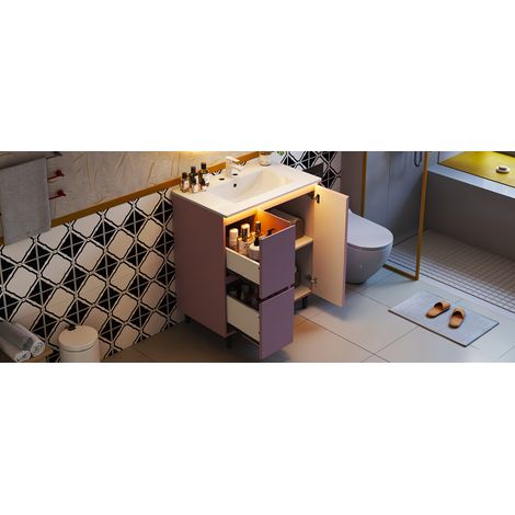 Meuble vasque rose en MDF avec vasque céramique, éclairage LED à capteur et tiroirs à fermeture douce pour salle de bain et (1/5)