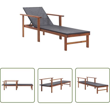 The Living Store Chaise longue Résine tressée et bois d'acacia massif Noir - Chaises Longues - Transat - Mobilier De Jardin - Chaises Extérieures - Jardin (1/5)