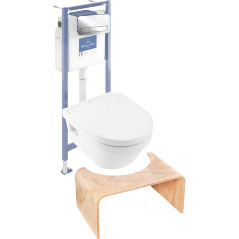 Pack inodoro sin reborde VILLEROY ET BOCH Architectura con asiento + estructura de soporte de suelo y pared Viconnect PRO + placa cromada brillante + taburete de madera (1/5)