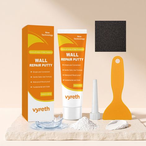 Pâte de réparation murale multifonctionnelle pour fissures et taches - 100 g x 1 + grattoir x 1 + papier de verre x 1 + bouchon embout x 1 (1/5)