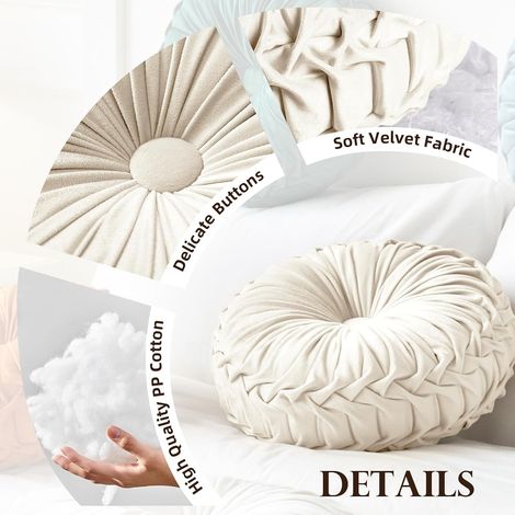 Coussin rond en velours plissé, décoration d'intérieur, pour canapé, chaise, lit, voiture, beige (1/5)