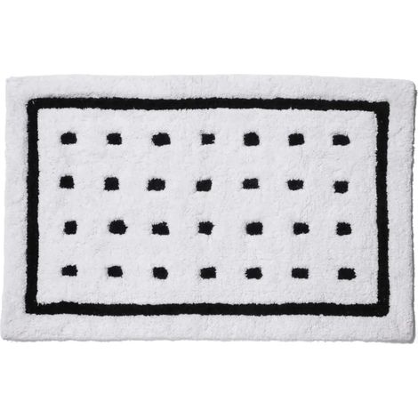 Croydex Soft White Non Slip Bath Mat with Black Square Design, Recycled Cotton Bathroom Mat, Machine Washable