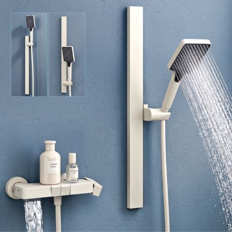doporro Duscharmatur Komplettset mit Wasserfallauslauf und Ablage, 70 cm Aluminium Duschstange, Handbrause mit Schlauch und Halterung für modernes Badezimmer Cremeweiß Duschsystem10