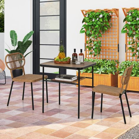Ensemble de Salle à Manger de Terrasse 3 Pièces 2 Chaises en Rotin Empilables de Différentes Tailles et Table à Manger avec Etagère Brun (1/3)
