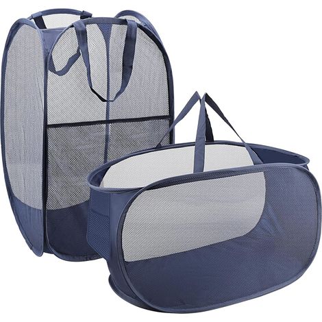 Lot de 2 Paniers à linge, Pliable, Maille respirante, Organisateur vêtements, Bleu, Pour salle de bain et chambre