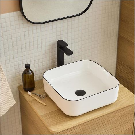 ALIX 37 cm quadratisches Aufsatzwaschbecken aus weißer Keramik mit schwarzem Rand