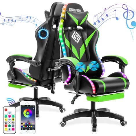 RGB Gaming Chair with Bluetooth Speakers, LED Lights, Ergonomic Massage Computer Gaming Chair PU Leather with Footrest High Back, Lumbar Support, Green+Black
