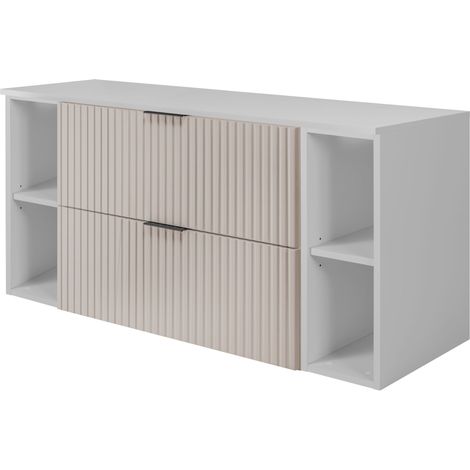 Furnidea - Meuble sous vasque FLOW CACHEMIRE 120 cm avec 2 x l'étagères - extensions et plan BLANC - 2 tiroirs - façades rainurées (1/5)