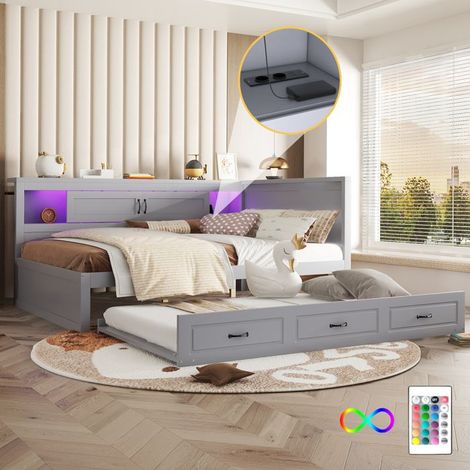 Canapé-lit 90x200 cm gris avec LED, rangement et lit gigogne, prise USB — sans matelas