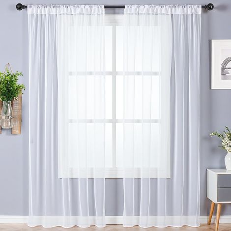Lot de 2 Rideaux Voilages,142x120cm Blanc Semi-Transparent,Panneaux Polyester Tringle,Décoration Fenêtre Salon
