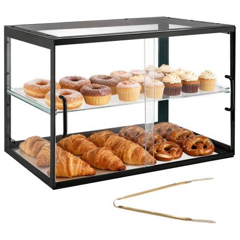 Vitrina de Exhibición de Panadería 2 Niveles, Vitrina de Acrílica Transparente para Panadería 55 x 38,5 x 39 cm, con Puerta Corrediza, Escaparate para Repostería, para Galletas, Postres, Donas (1/5)