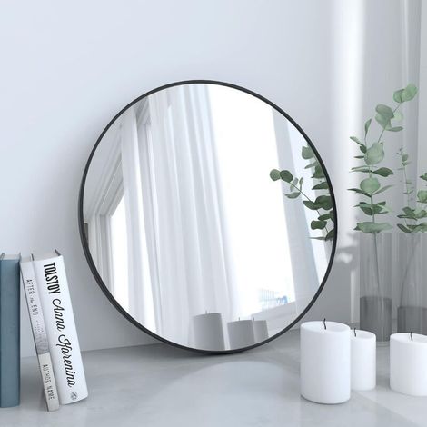 Miroir rond en verre 40x40cm HD, miroir mural avec cadre métallique carré pour coiffeuse, salle de bain, salon, chambre (noir)… (1/3)