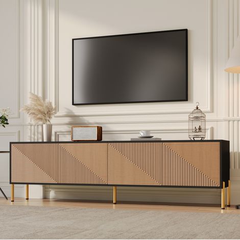 Mobile TV 179 x 35 x 53,5 cm, 4 ante, nero e naturale, piedini metallici dorati DESVIAE (1/5)