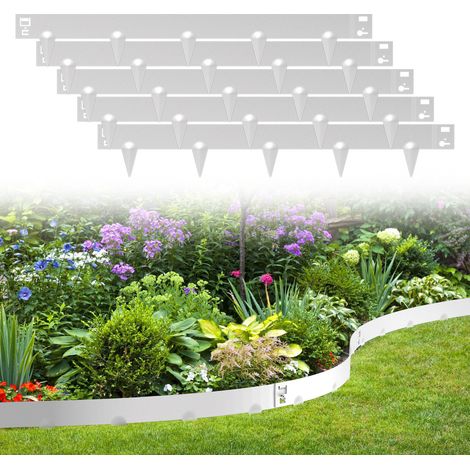 Jiubiaz Rasenkante mit Spitzen Metall 100 x 15 cm 20m Beeteinfassung Mähkante Verzinkt Wegbegrenzung Beetumrandung Palisade Silber