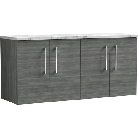 Nuie Arno Wall Hung 4-Door Vanity Unit with Carrera Marble Worktop 1200mm Wide - Anthracite Woodgrain (1/4)