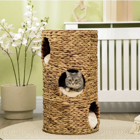 Arbre à chat 3 niveaux, 3 entrées, panier avec coussins amovibles, structure métal, fibre végétale tressée, style bohème, 40 x 40 x 73 cm - CHICFURN (1/5)