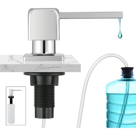Distributeur de Savon Encastrable, Distributeur Savon Liquide Encastrable avec Bouteille 500ML et Ensemble de rallonge de 1,0 m, Distributeur Savon Evier Cuisine Rotatif à 360°, Chrome'Chrome(carrée)'