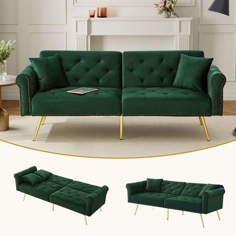 Canapé 2 places, revêtement velours canapé salon, dossier réglable 3 positions, pieds métal doré, fonction couchage (1/5)