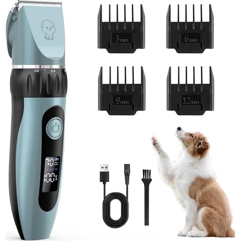Tondeuse Chien, Poil Long Epais Tondeuse (Bleu) Chat Faible Bruit pour Tailler, Ecran LCD, avec4 Accessoires de Peigne, Convient Petits Chiens Chats Animaux aux (1/5)