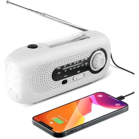 Radio Solaire, Manivelle d'urgence Radio Météo Solaire AM/FM Auto-alimentée avec Lampe de Poche 5 LED, Banque d'alimentation d'urgence 2000 mAh pour Smartphones, Maison et Camping (Blanc) (1/5)