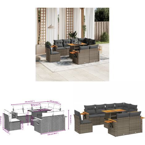 9-tlg. Garten-Sofagarnitur mit Kissen Grau Poly Rattan - Gartenmöbel Set - PE-Rattan Möbel - Outdoor Lounge - Gartenlounge - Balkonmöbel - Home & Living (1/3)