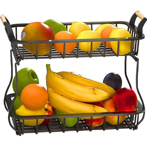 Corbeille à fruits en métal amovible à 2 niveaux, pain aux légumes, pour cuisine, salon, noir (1/5)