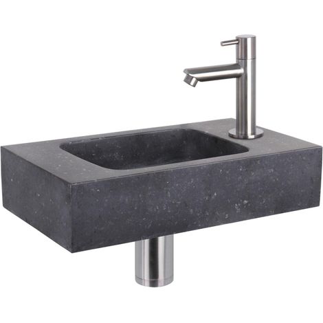 Differnz Force kit lave-mains - 40x22x9cm - Rectangulaire - 1 trou de robinet - Robinet droit en chrome mat - Pierre naturelle noire (1/5)