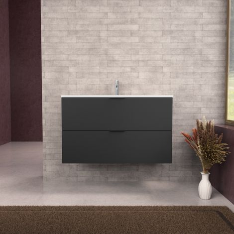 Inda - Badezimmerschrank B.100 mit mattiertem Waschbecken / Mattschwarz 2 Schubladen - Topazio
