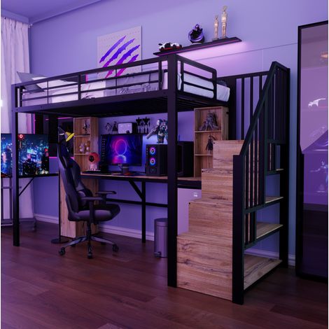 Letto a soppalco 90x200 cm nero in metallo e MDF con scrivania, armadio, gradini contenitore e porta USB (1/5)
