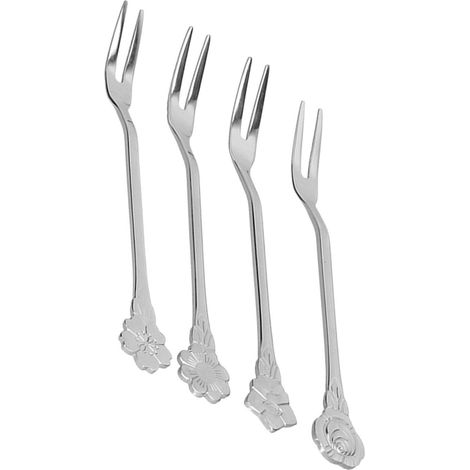 Lot de 4 fourchettes à fruits à 2 dents en acier inoxydable, mini fourchettes de dégustation pour salades, fruits et desserts, pour la maison, la cuisine et les fêtes (argenté). (1/5)