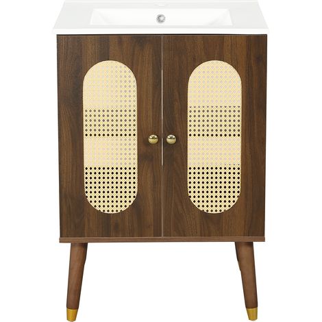 61 cm Waschbeckenunterschrank aus MDF in Walnussoptik mit Keramikwaschbecken und Rattan-Türen (1/5)
