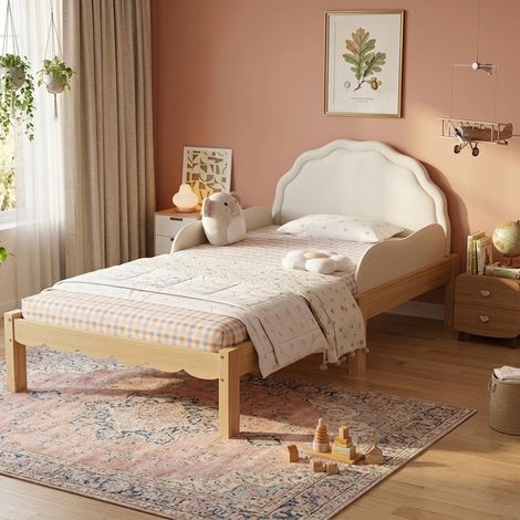 Lit enfant capitonné simple 90x200 cm, tête de lit en PU, garde-corps latéraux, sommier à lattes stable, cadre en bois, design adapté aux enfants, couleur beige (1/5)