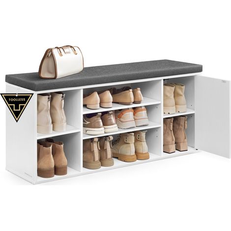 SONGMICS HOME Panca Scarpiera, Montaggio Rapido Senza Attrezzi Toolless, Panchina con Scomparti Aperti, Ripiani Regolabili, Portascarpe, Bianco Neve e Grigio Ardesia LHS391WE01 (1/5)